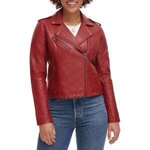 Women's The Classic Faux Leather Moto Jacket Font Full Zipper Deep Cherry Red